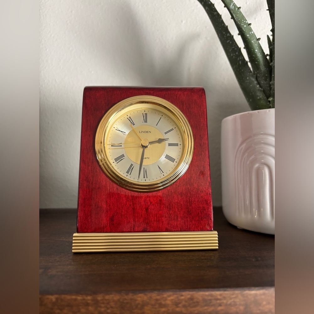 Vintage Linden Quartz Solid Wood Brass Accents Desk Clock